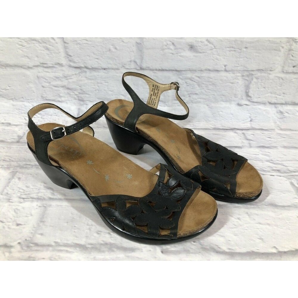 Dansko Coquette Womens 40 / 9.5-10 Black Leather Floral Wedge Sandals  (4i3)
